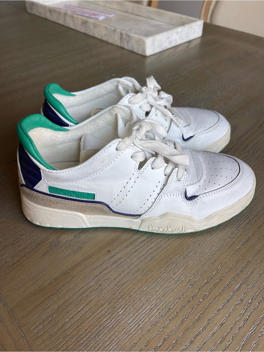 Isabel Marant White Leather Sneakers with Green and Purple Accent